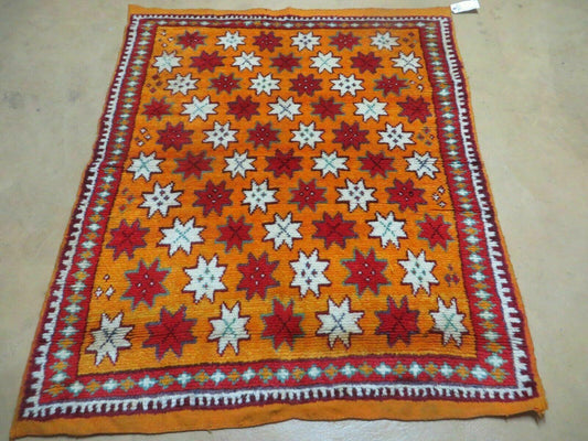 Vintage Moroccan Rug 4x5 Hand Knotted Wool Area Rug Orange Ivory Red Geometric Stars Motif