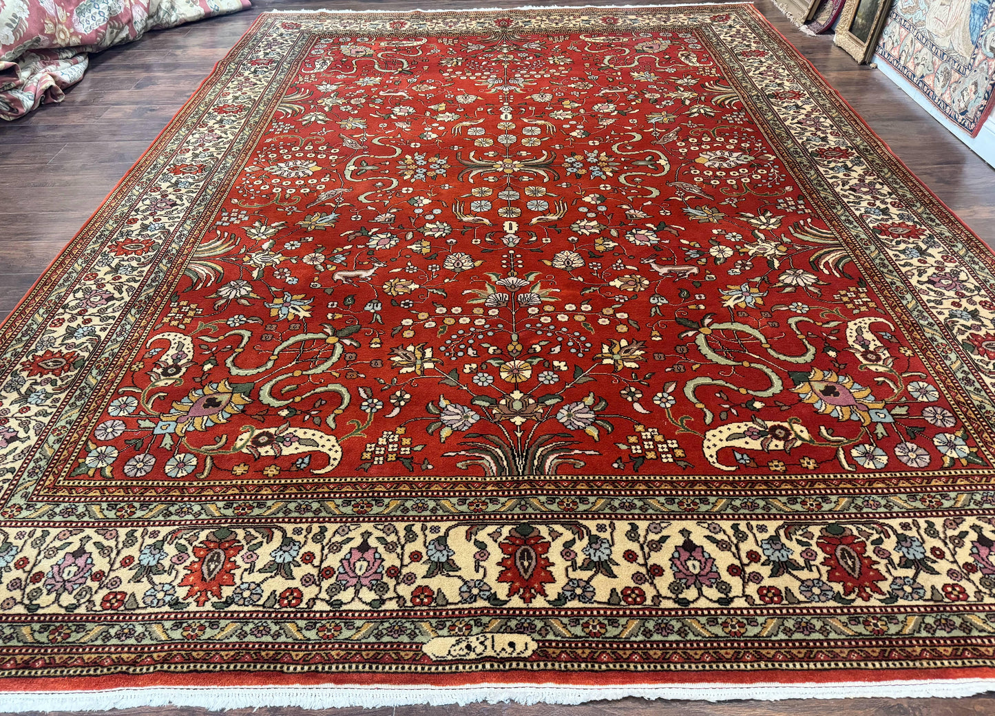 Romanian Rug Vintage Hand Knotted Wool Carpet 10x13 Floral Birds Red Cream Signed Masterweaver