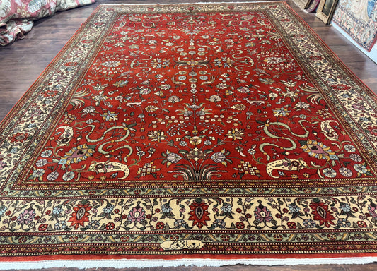 Romanian Rug Vintage Hand Knotted Wool Carpet 10x13 Floral Birds Red Cream Signed Masterweaver