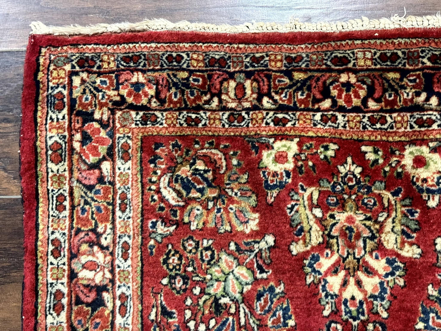 Red Persian Sarouk Rug 3x5.8 Antique Hand Knotted Wool Carpet 210 KPSI