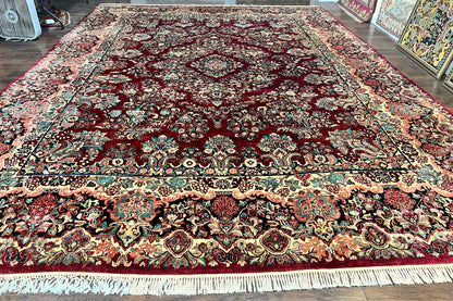 Persian Sarouk Rug 12x17 Hand Knotted Wool Antique Carpet Dark Red Floral Oriental Rug