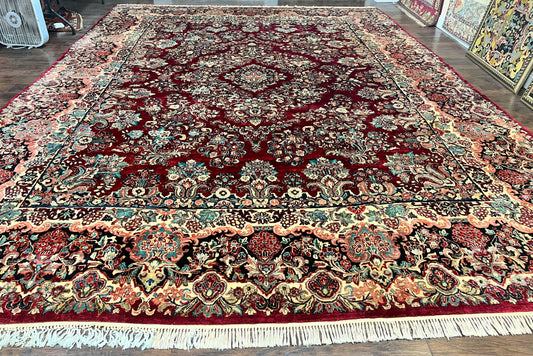 Persian Sarouk Rug 12x17 Hand Knotted Wool Antique Carpet Dark Red Floral Oriental Rug