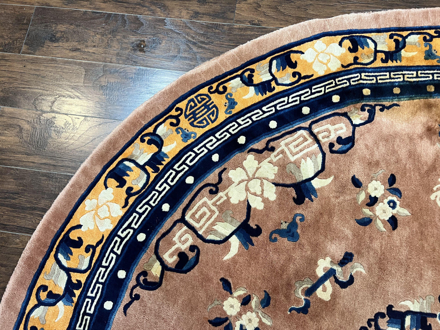 Antique Round Chinese Wool Rug 8x8 Feet Hand Knotted Peking Carpet Oriental Art Deco