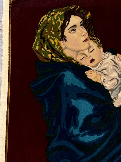 Persian Tabriz Pictorial Rug 2x2 Mother Holding Child Very Fine 340 KPSI Maroon