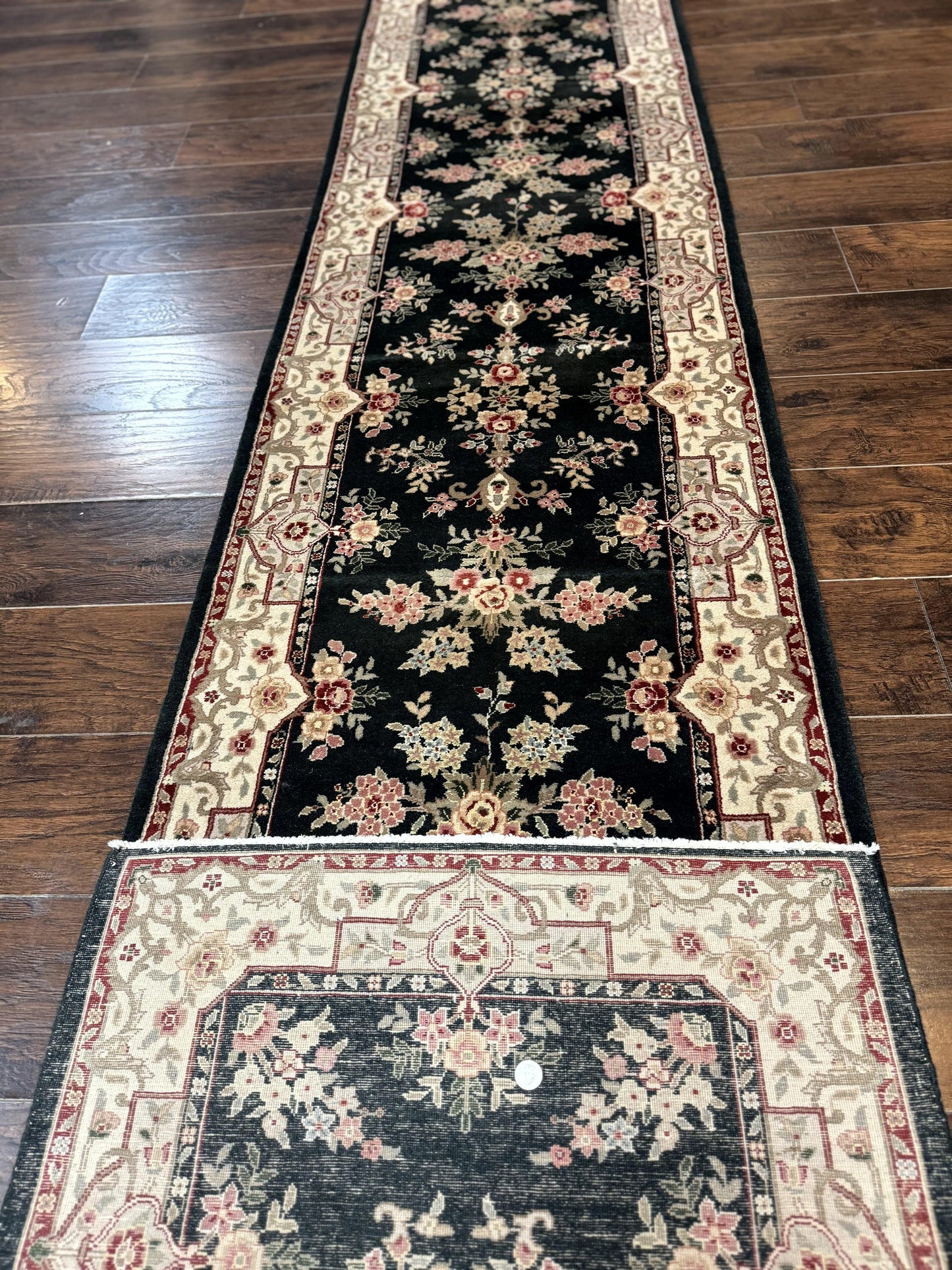 Persian Runner Rug Handmade Wool Floral Allover 2.7x21 Dark Green Beige Hallway Runner