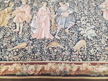 Vintage European Tapestry Aubusson Weave Wool Wall Hanging Courtship Scene Animals