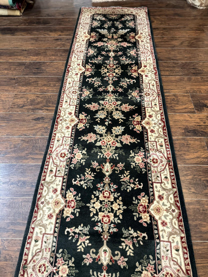Persian Runner Rug Handmade Wool Floral Allover 2.7x21 Dark Green Beige Hallway Runner