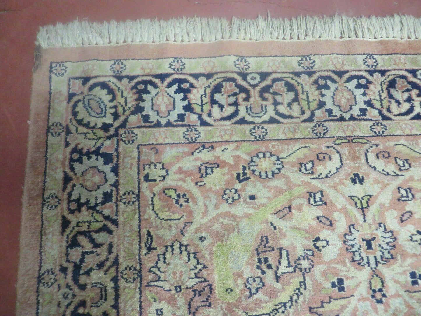 Kashmiri Silk Rug 4x6 Vintage Hand Knotted Floral Bird Motifs In Pink And Navy