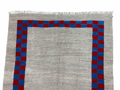 Turkish Kilim Rug Hand Knotted Wool Geometric Gray Blue Red Border 5 Ft 7 In By 7 Ft 7 In