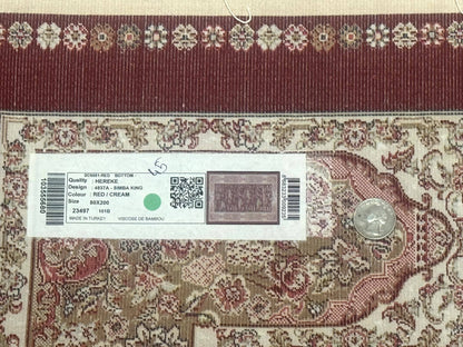 Turkish Silk Rug Runner 2.6 By 6.7 Red Ivory Hunting Design Bamboo Silk Contemporary