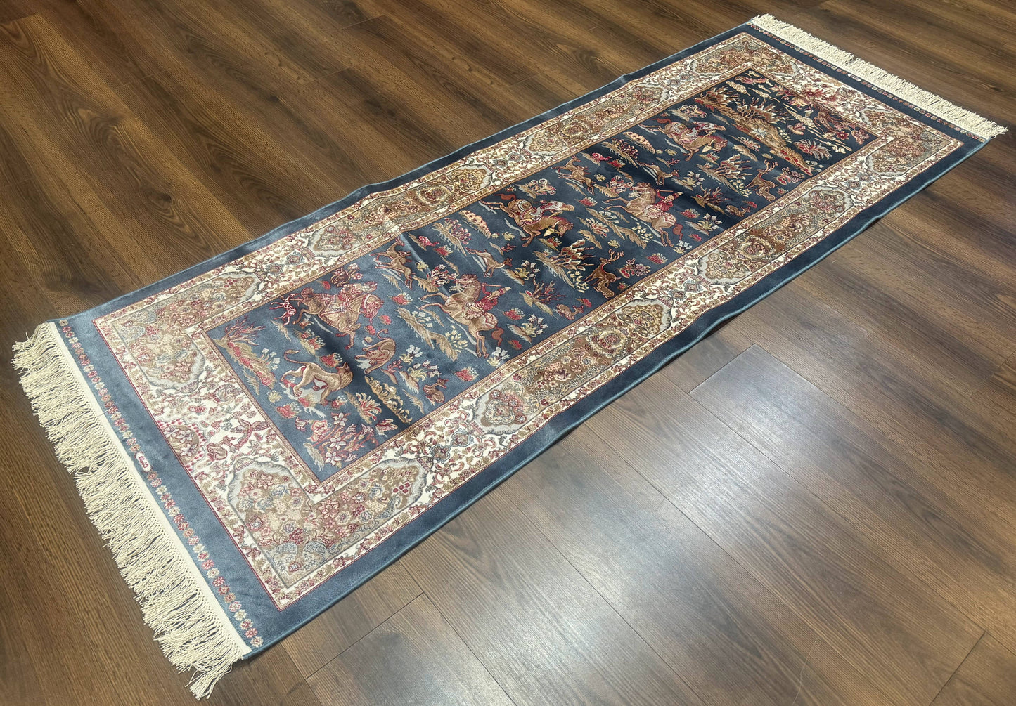 Turkish Silk Rug Runner 2.6 by 6.7 Blue Ivory Bamboo Silk Contemporary Design