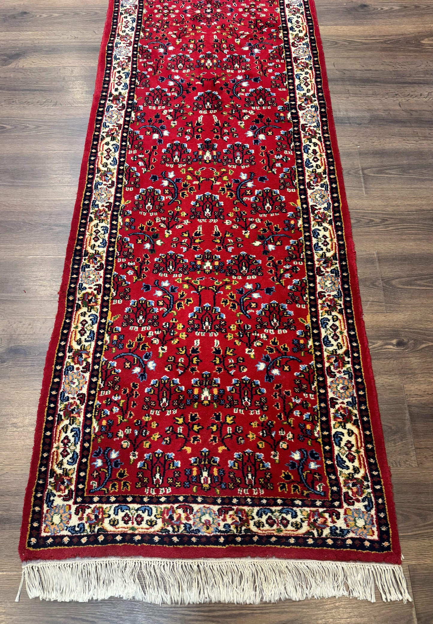 Indo Persian Sarouk Runner Rug 3x12 Hand Knotted Vintage Red And Cream Allover Pattern