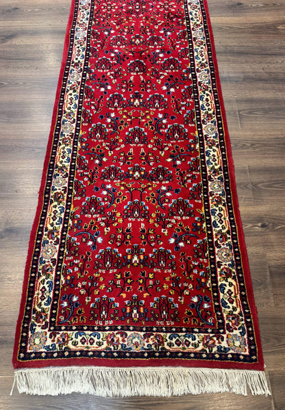 Indo Persian Sarouk Runner Rug 3x12 Hand Knotted Vintage Red And Cream Allover Pattern