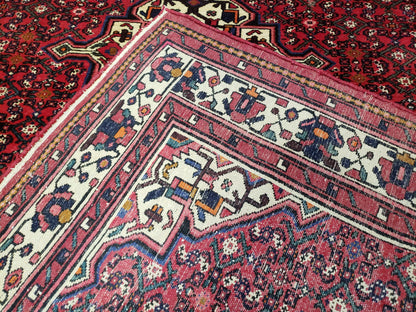 Vintage Persian Hamedan Rug 7x10 Hand Knotted Wool Mahi Pattern Red