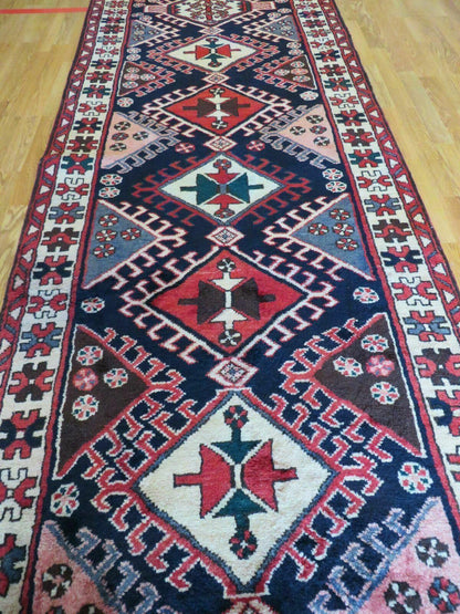 Persian Runner Rug 3.5 x 10.7 Navy Blue Karajeh Heriz Wool Geometric Medallions