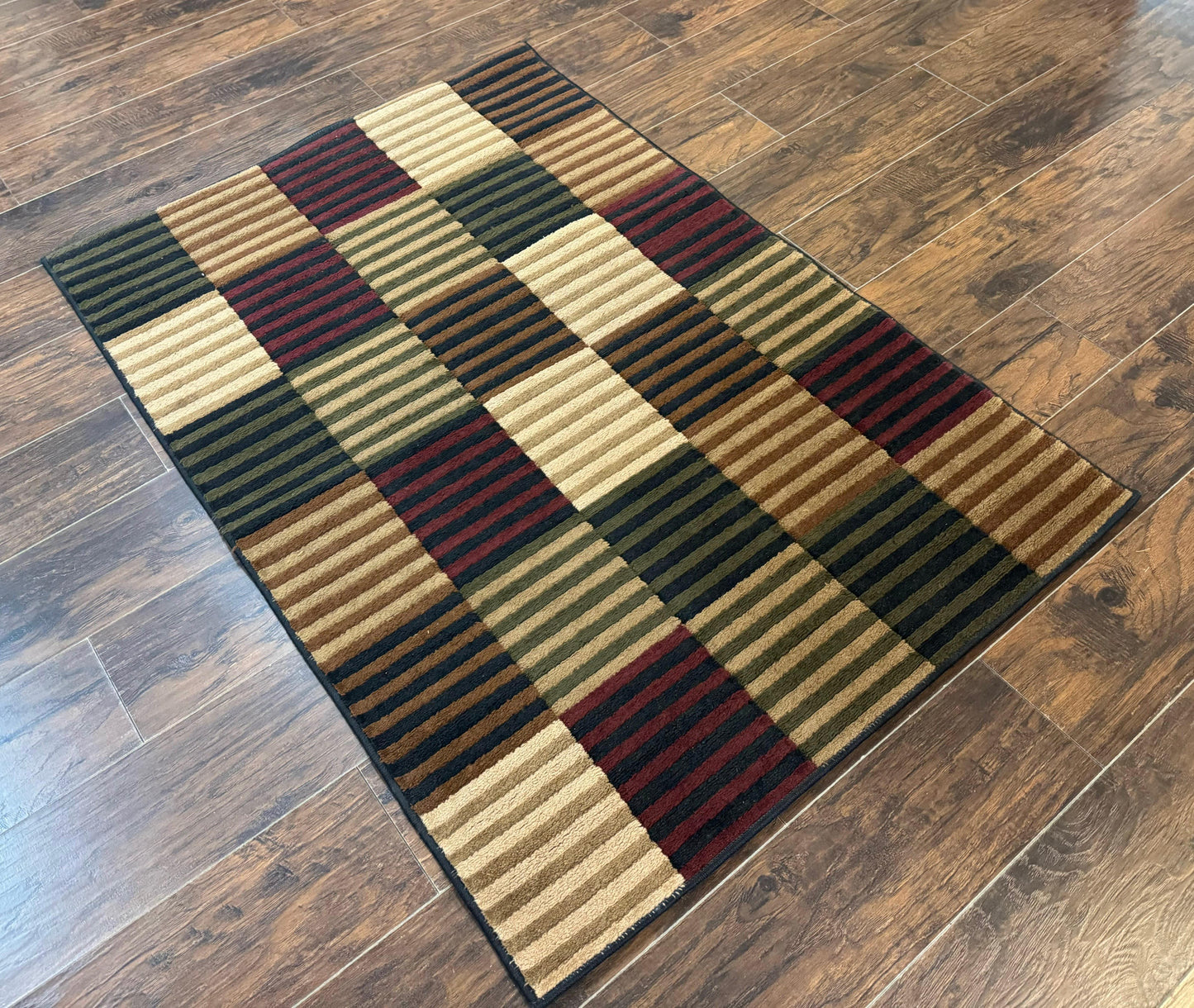 Vintage Power Loomed Wool Rug 3.6 X 5 Box Design In Brown Beige Black Tan