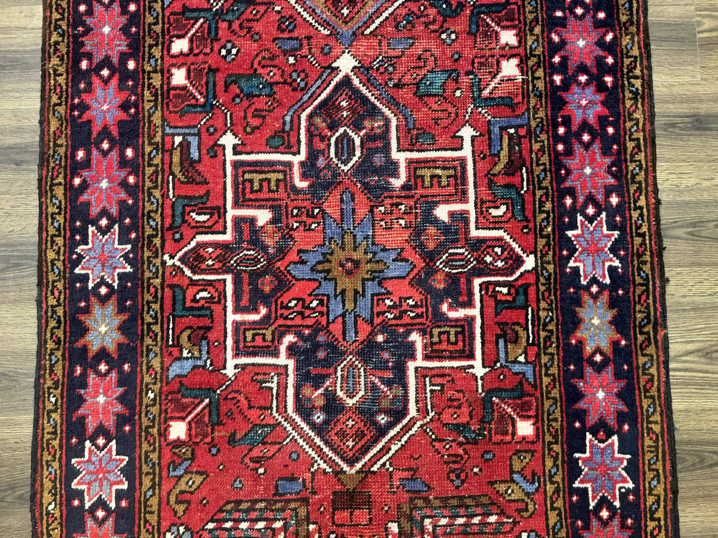 Persian Heriz Karajeh Runner Rug 3.7 x 12 ft Red Navy Geometric Medallions