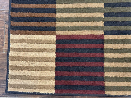 Vintage Power Loomed Wool Rug 3.6 X 5 Box Design In Brown Beige Black Tan