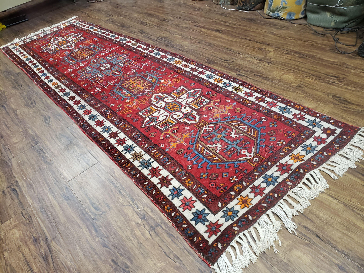 Antique Persian Heriz Karajeh Runner Rug Hand Knotted Wool Red 3 Ft 3 In By 10 Ft 11 In