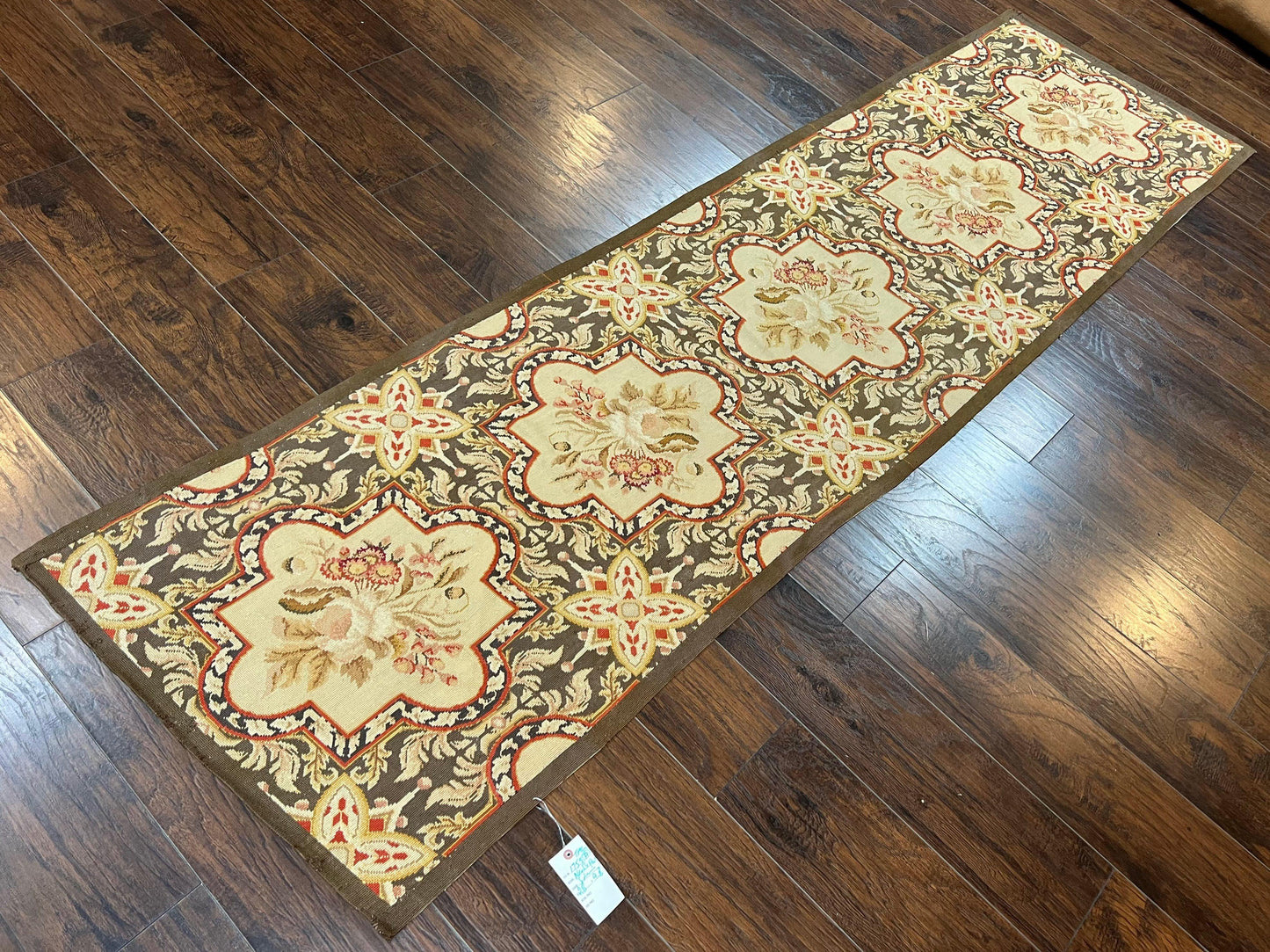 Needlepoint Runner Rug 9.8 Ft Handwoven Wool Floral Brown Beige European Design