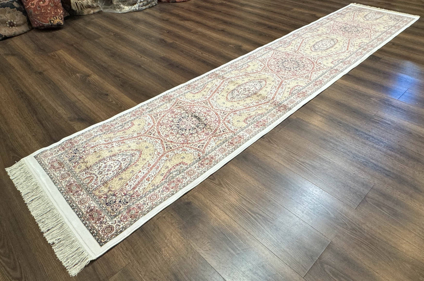 Turkish Silk Runner Rug 2.6 By 12 Hereke Mamluk Bamboo Silk Contemporary Power Loomed New