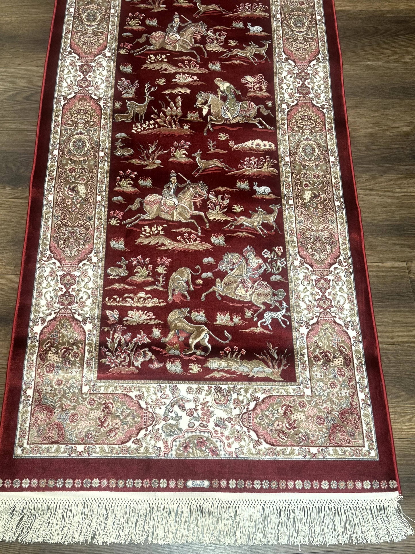 Turkish Silk Rug Runner 2.6 By 6.7 Red Ivory Hunting Design Bamboo Silk Contemporary