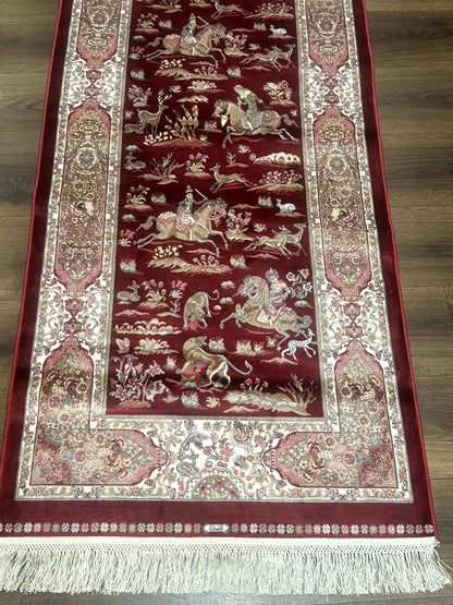 Turkish Silk Rug Runner 2.6 By 6.7 Red Ivory Hunting Design Bamboo Silk Contemporary