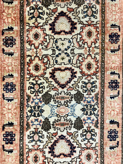 Romanian Wool Runner Rug Hand Knotted 2.6x12.9 Ft Floral Allover Vintage Tan Hallway