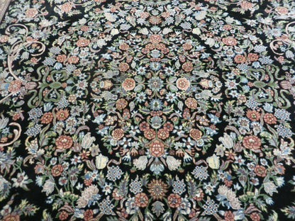 Vintage Handmade Pakistani Floral Wool Rug 8x10 Black Full Pile