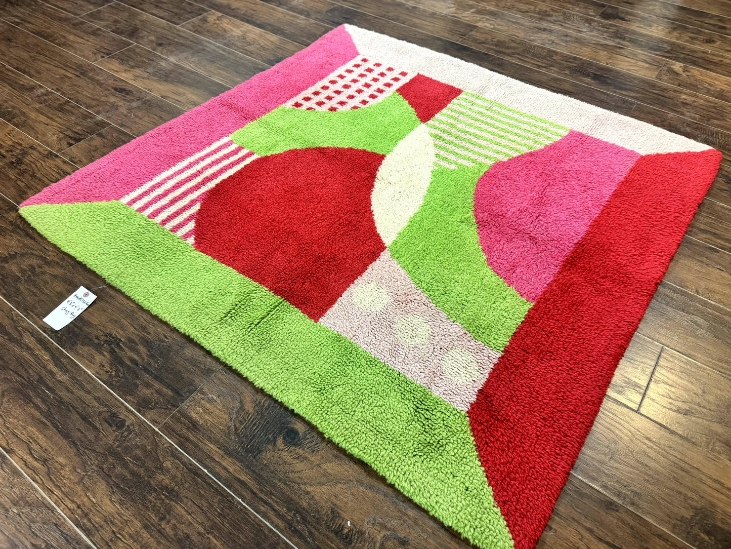 European Shag Rug 4.8 x 4.8 Modern Abstract Loomed Wool Square Rug In Green Pink Red
