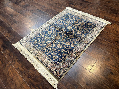 Vintage Art Silk Rug 3x4 Traditional Oriental Persian Design Navy Blue Power Loomed