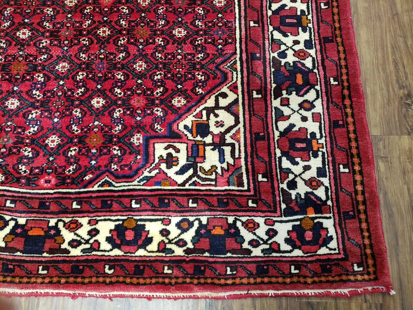Vintage Persian Hamedan Rug 7x10 Hand Knotted Wool Mahi Pattern Red