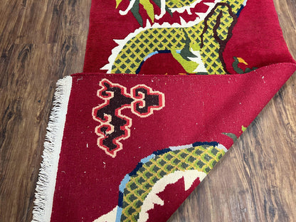Vintage Chinese Dragon Rug 3x6.8 Handmade Hand Knotted Red Gold Dragon Art Deco Runner