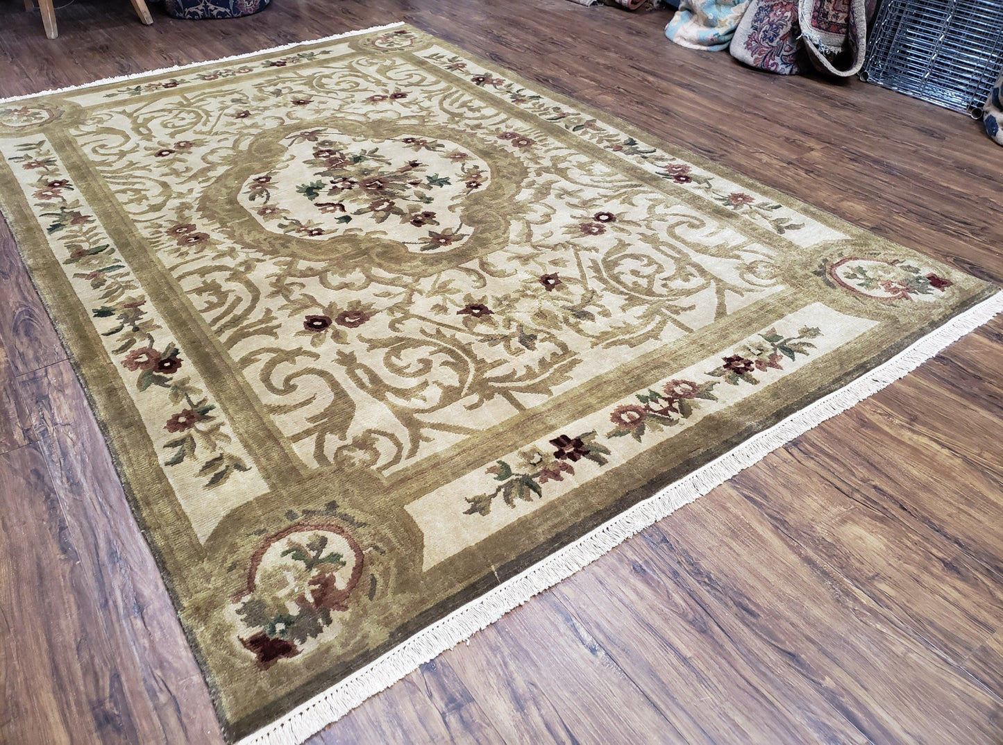 Vintage Nepali Tibetan Aubusson Wool Rug Hand Knotted 6x9 Cream Beige Leaves Floral Pattern