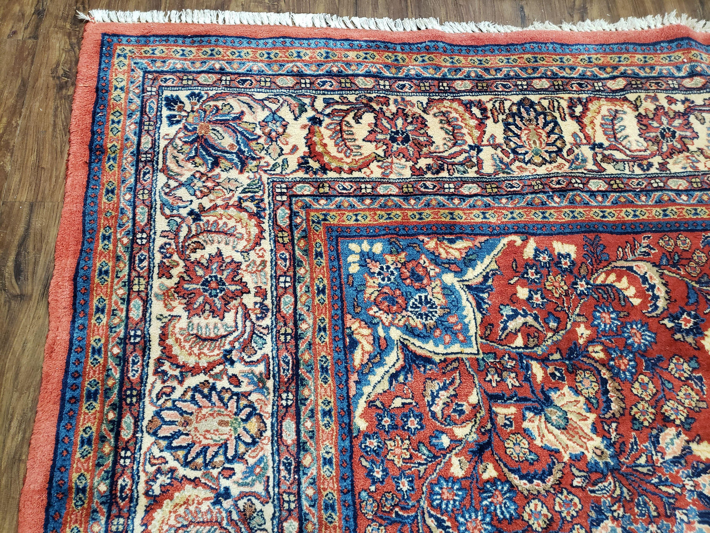 Semi Antique Persian Sarouk Rug 9x12 Hand Knotted Wool With Central Medallion Tomato Red