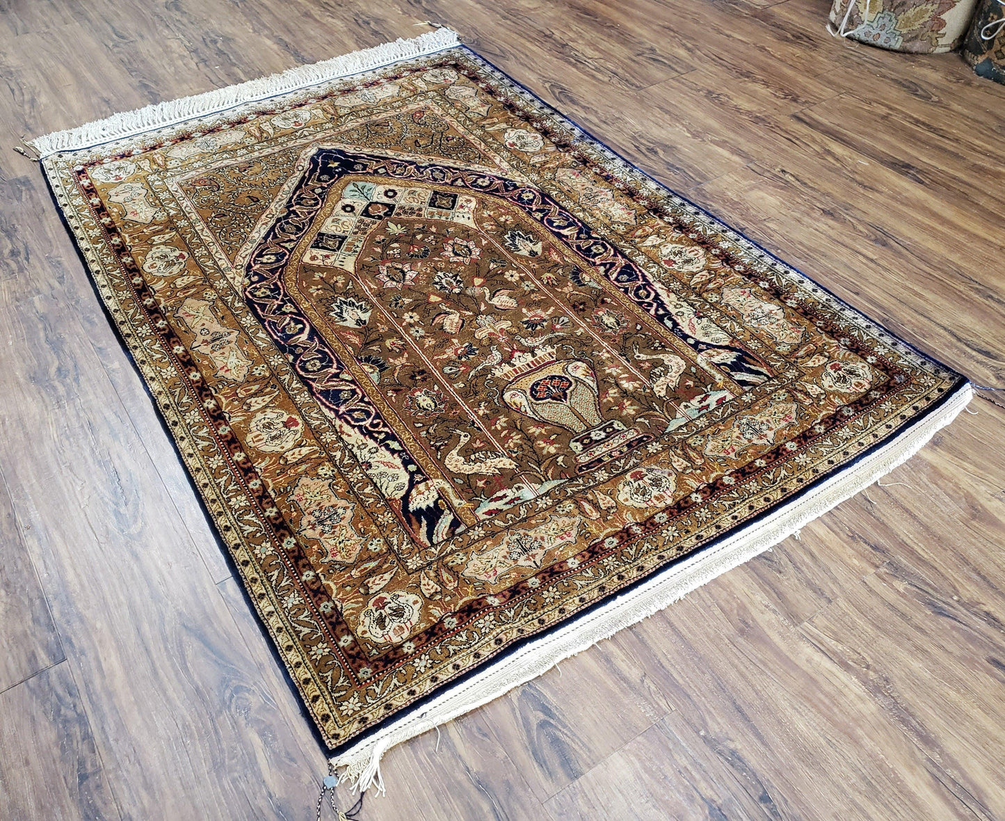 Persian Qum Silk Prayer Rug Hand Knotted 3ft 6in by 5ft Semi Antique
