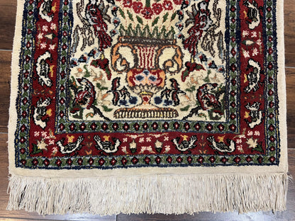 Indo Persian Rug Hand Knotted Wool Silk 2x3 Ft Cream Maroon Birds Vase Flowers