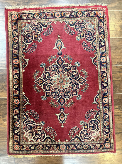 Persian Kashan Rug 2x3 Small Handmade Vintage Wool Semi Antique Carpet Red Navy