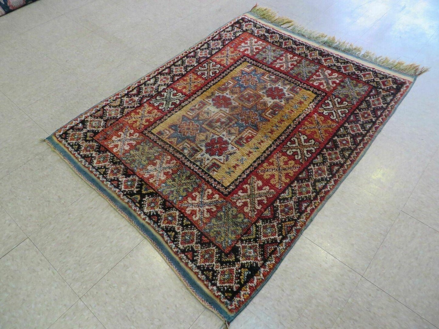 Vintage Moroccan Rug 4x5 Hand Knotted Berber Wool Area Rug Geometric Stars