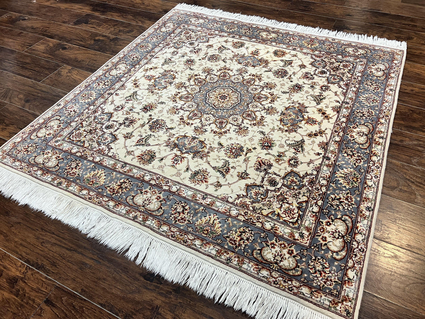 Sino Persian Square Rug 5x5 Hand Knotted Wool Silk Ivory Vintage Oriental Carpet