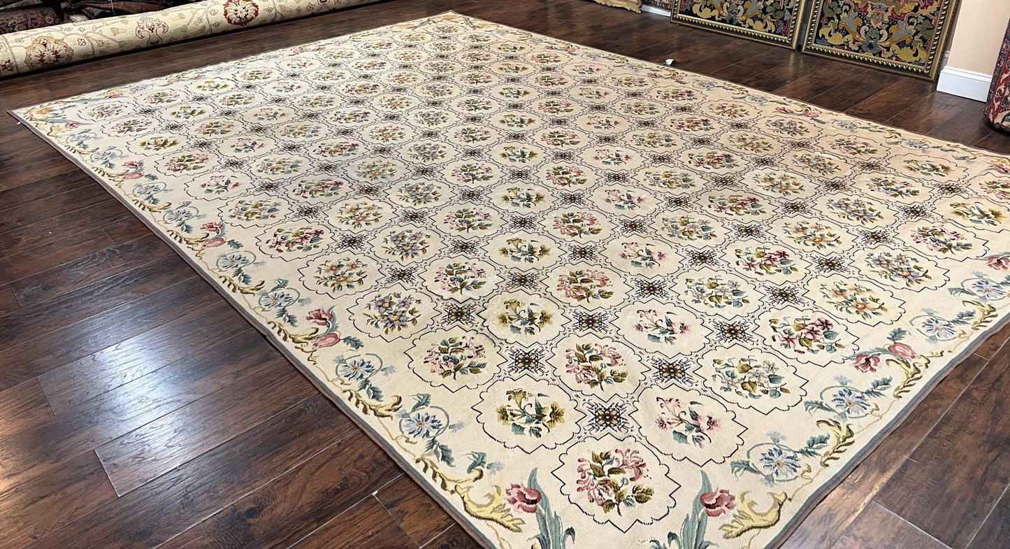 Needlepoint Rug 10x14 Wool Handmade Vintage Floral Panel Ivory Cream