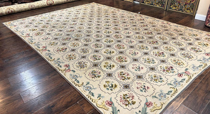 Needlepoint Rug 10x14 Wool Handmade Vintage Floral Panel Ivory Cream