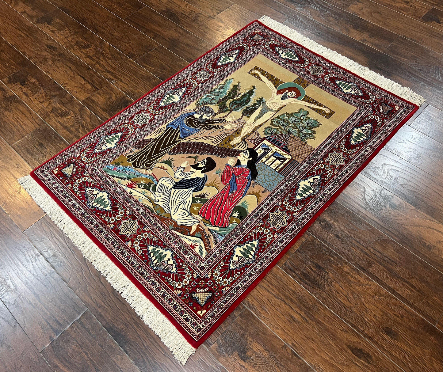 Persian Kashan Pictorial Rug 3x5 Jesus On Cross Handwoven Wool