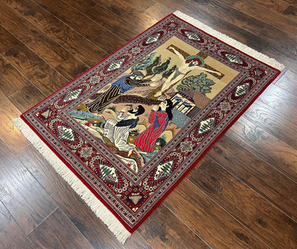 Persian Kashan Pictorial Rug 3x5 Jesus On Cross Handwoven Wool