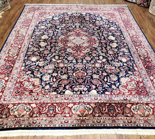 Vintage Persian Rug 8x10 Hand Knotted Wool Silk Highlights Midnight Blue Floral Living Room Carpet