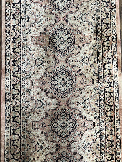 Silk Kashmiri Runner Hand Knotted Vintage Hallway Carpet Ivory Pink Medallion