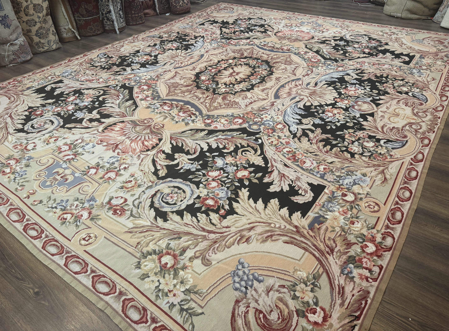 Elegant Aubusson Needlepoint Rug 10x14 Wool Floral European Design