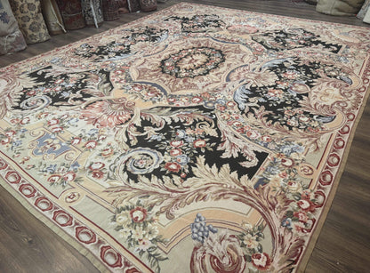 Elegant Aubusson Needlepoint Rug 10x14 Wool Floral European Design