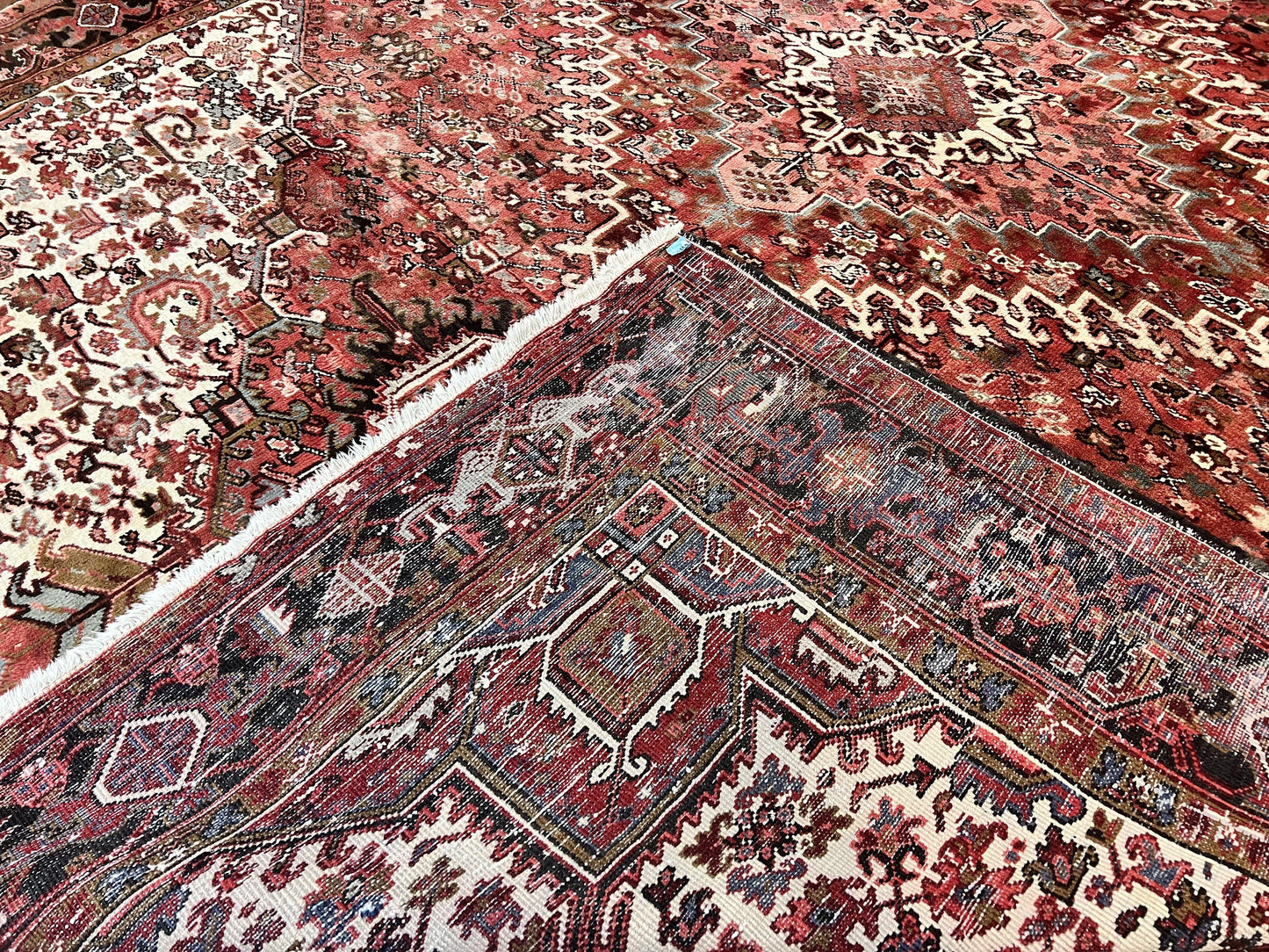 Persian Heriz Rug 10x13 Handmade Wool Hand Knotted Red Cream Geometric Tribal Semi Antique Carpet