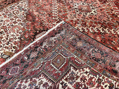 Persian Heriz Rug 10x13 Handmade Wool Hand Knotted Red Cream Geometric Tribal Semi Antique Carpet